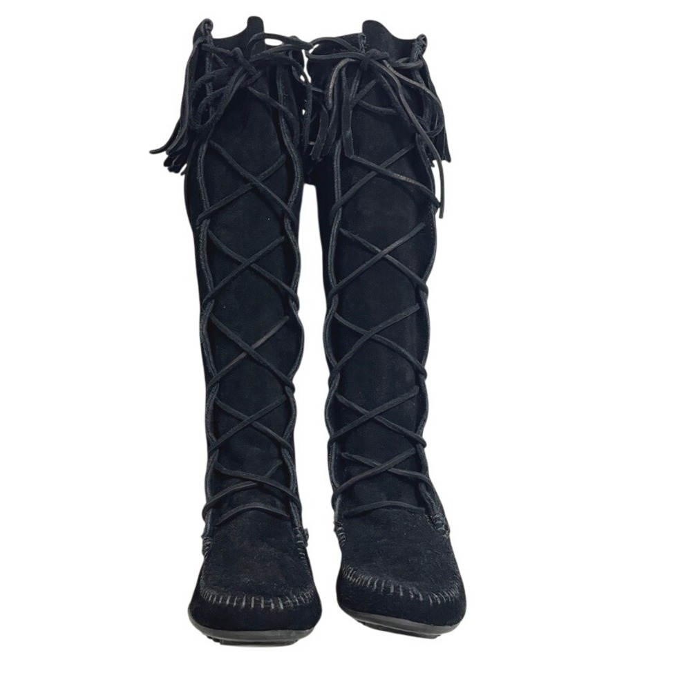 Minnetonka Suede Knee High Boots 7 Black Fringe Lace Up Moccasin Western Boho